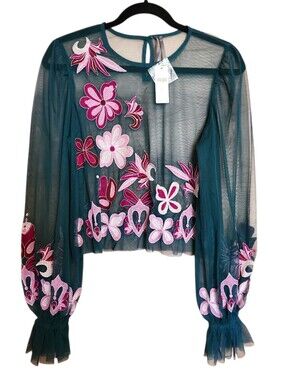 BY ANTHROPOLOGIE LONG-SLEEVE EMBROIDERED SHEER MESH GREEN PINK TOP SMALL NWT